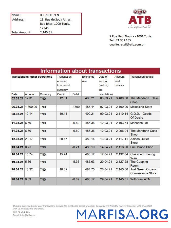 Downloadable Tunisia ATB bank statement excel template